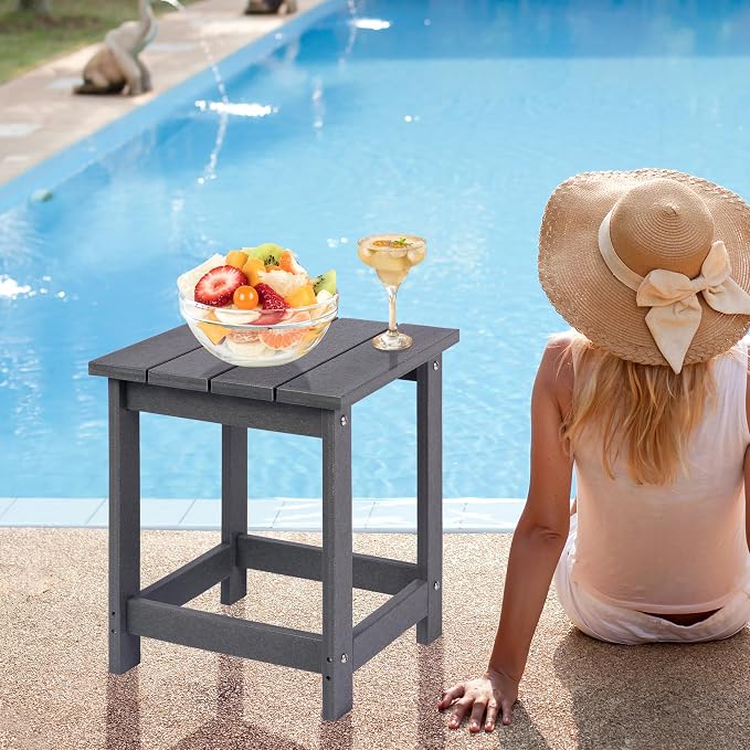 LZRS Patio Side Table, Heavy Duty HDPE Outdoor End Table with Wood Texture, Weatherproof Composite Table for Adirondack Chairs, Deck, Pool, Indoor/Outdoor, No Peeling or Cracking(Grey)