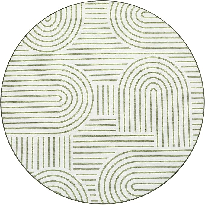 ROYHOME Modern 6ft Round Washable Rug for Living Room Soft Non Slip, Green | Abstract Area Rug for Bedroom, Rainbow Throw Rugs with Rubber Back, Low Pile Stain Resistant Geometric Carpet for Dining Room