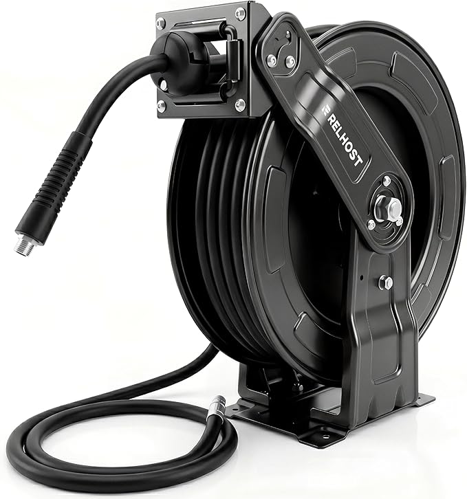 Relhost Pressure Washer Hose Reel, 65 ft x 1/4 inch Retractable Power Washer Hose Reel, Heavy Duty Steel Hose Reel with Dual Arms, Auto Rewind, 180° Swivel Ceiling