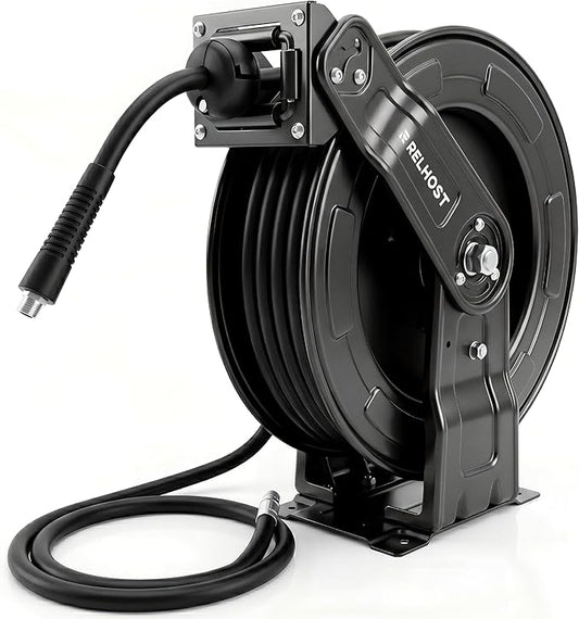 Relhost Pressure Washer Hose Reel, 65 ft x 1/4 inch Retractable Power Washer Hose Reel, Heavy Duty Steel Hose Reel with Dual Arms, Auto Rewind, 180° Swivel Ceiling