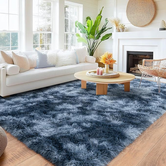 8x10 Area Rugs for Living Room, Large Ultra Fluffy Fuzzy Shag Rug for Bedroom, Modern Plush Soft High Pile Upgrade Non-Slip Carpet for Kids Girls and Boys Room Decor, Tie-Dyed Blue Grey