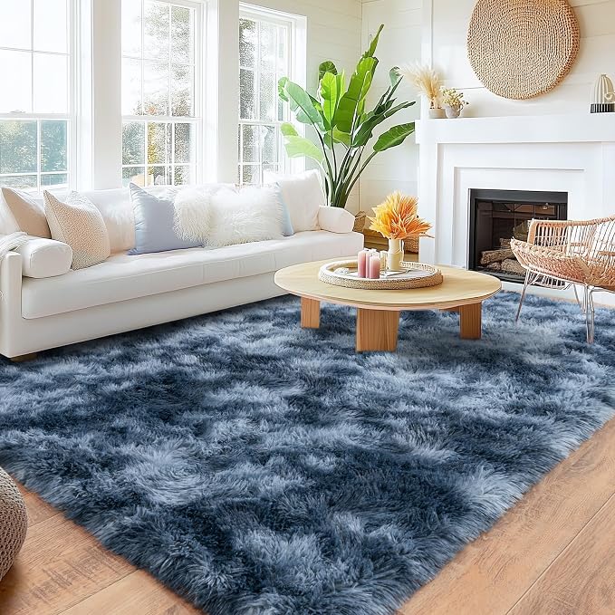 Large Area Rugs 9x12 Living Room, Ultra Fluffy Fuzzy Shag Rug for Bedroom, Modern Plush Soft High Pile Upgrade Non-Slip Carpet for Kids Girls and Boys Room Decor, Tie-Dyed Blue Grey