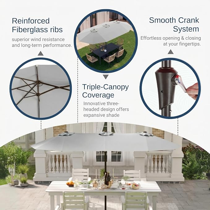 15FT Large Patio Umbrella with Base Included, Double Sided Outdoor Market Umbrella with Flexible Fiberglass Ribs, UV-Blocking Extra Large Umbrella for Garden, Pool, Deck, Light Gray