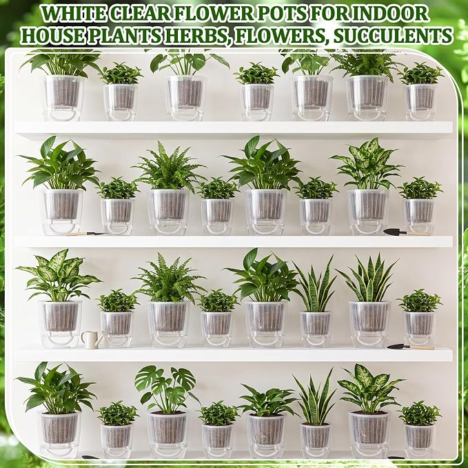 36 Pcs Self Watering Pots 3.5 Inch, 4.3 Inch Plastic Flower Plant Pot with Inner Pot Self Watering Wick Planter White Clear Flower Pots for Indoor House Plants Herbs, Flowers, (Transparent)