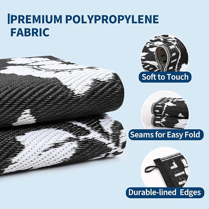 Garvee 5x8 Outdoor Rug Waterproof Vintage Floral Plastic Straw Rugs, Camping Rugs for Outside Your RV, Foldable Lightweight Reversible Carpet with Portable Bag for Patio Backyard Beach Camper, Black