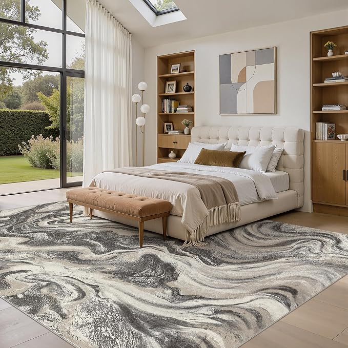DMOYEST 8x10 Area Rug for Living Room Washable Abstract Indoor Carpet | Neutral Modern Low Pile Rugs Kid & Pet Friendly Large Soft Thin Carpet for Bedroom Dining Room and Office - Ash Grey