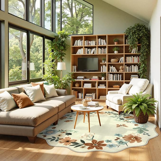 Lahome Floral Washable Round Area Rug, Round Rug 5ft Soft Non-Slip | Non-Shedding Boho Circle Carpet for Bedroom Living Room Bathroom Nursery Kitchen Flore, Beige