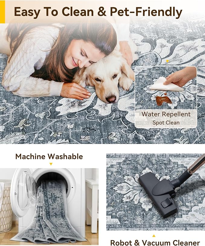 RELEANY Washable Area Rug, Small 2'x3', Grey/White/Beige | Non-Slip, Water Repellent, Pet Friendly, Easy to Clean, Vintage Floral Boho Decor for Kitchen Entryway Bathroom