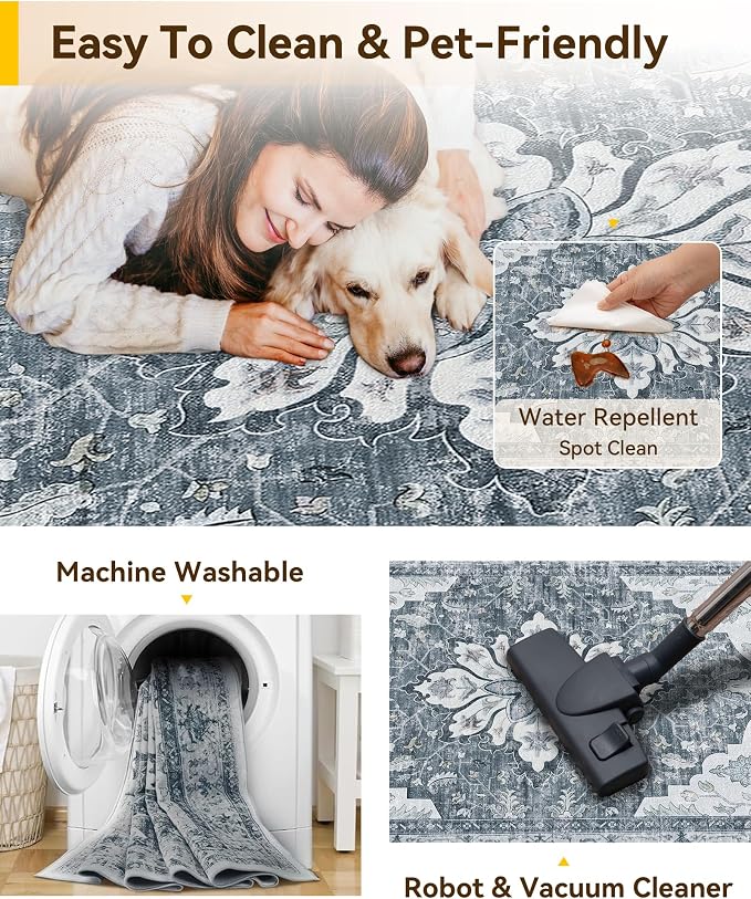 RELEANY Washable Area Rug, Runner 2'x6', Grey/White/Beige | Non-Slip, Water Repellent, Pet Friendly, Easy to Clean, Vintage Floral Boho Decor for Kitchen Entry Bedroom Bedside Laundry