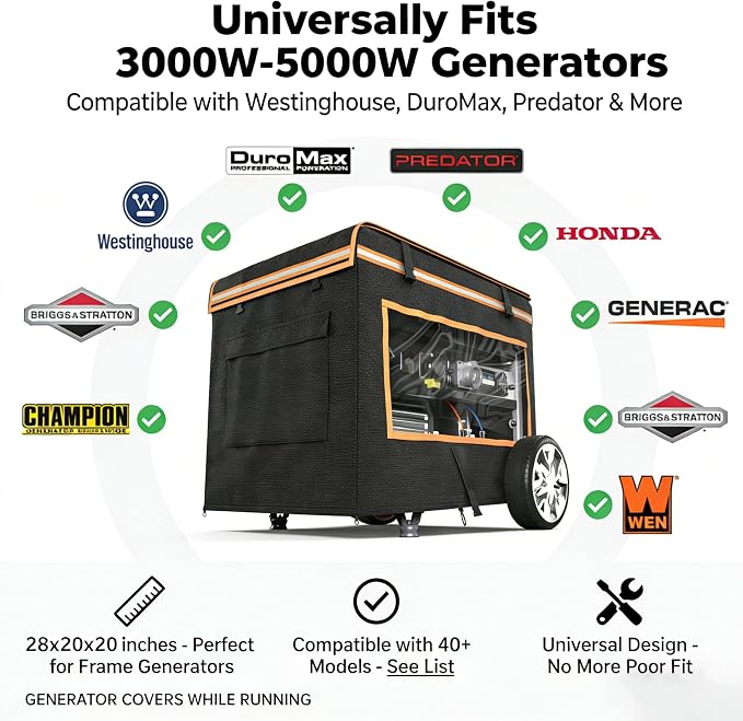 Generator Covers While Running, 28"L x 20"W x 20"H Heavy Duty Waterproof Generator Covers for Outside, Compatible with 3000W-5000W Generator, Clear Windows to See Gauges, Black