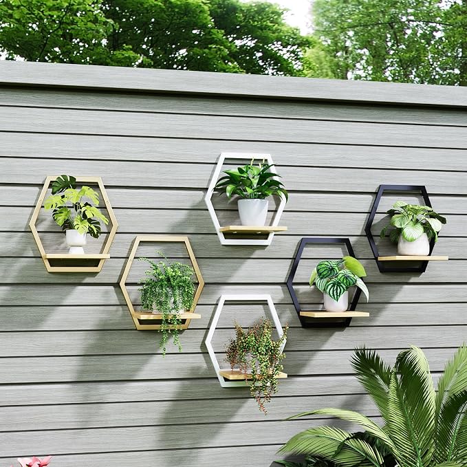 3 Pack Solid Wood & Metal Framework Wall Plant Stands,9 inch Natural Wood Shelf of Indoor,Mid Century Modern Hanging Planter for Outdoor Entryway 25 LB Load for Plants Black