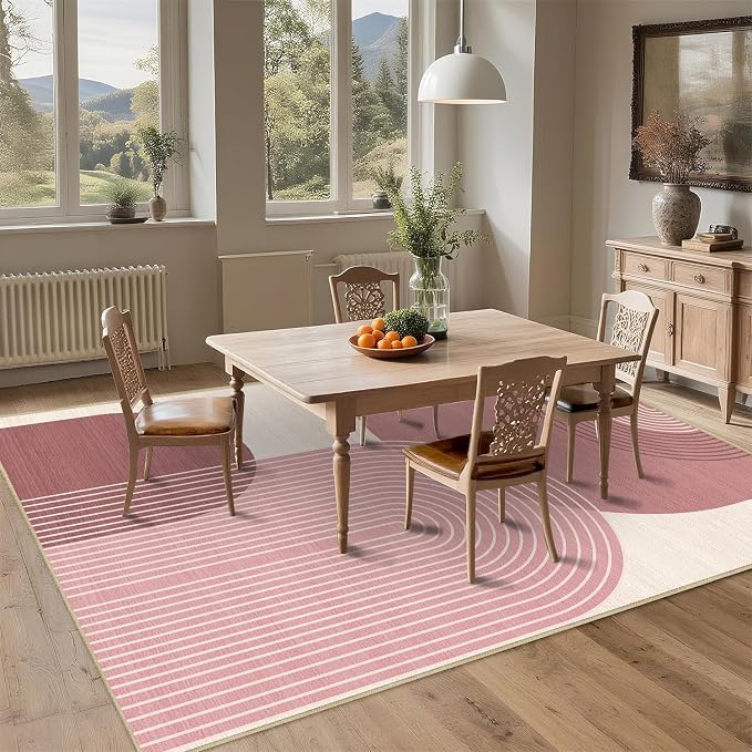 Large Area Rug 6x9 Boho Rug Living Room Bohemian Rugs Machine Washable Modern Geometric Rug Non Slip Printed Low Pile Indoor Floor Carpet for Dining Room Bedroom Office,Pink