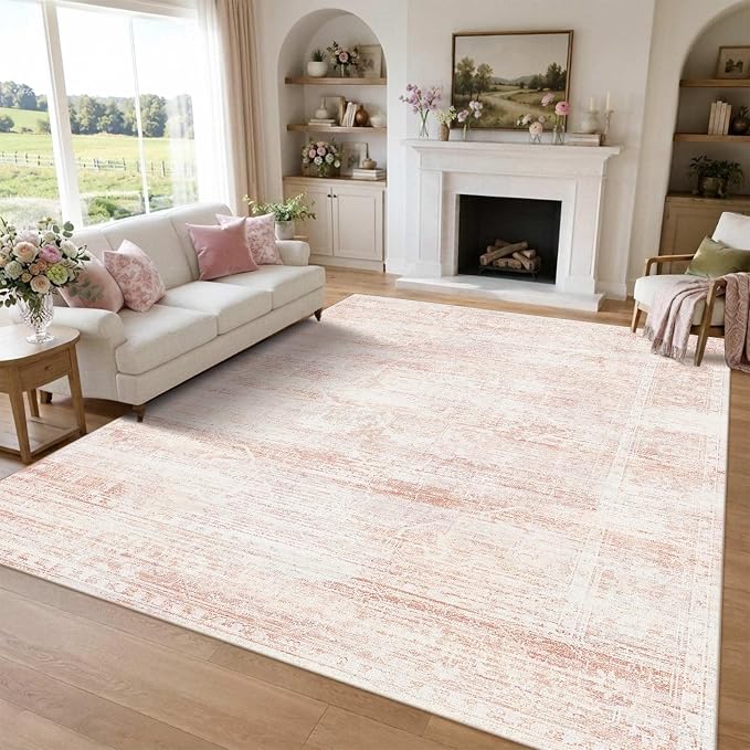 Latte&Fog Large Area Rugs 9x12 for Living Room Washable Cute Pink Rugs | Non Slip Low Pile Soft Floral Carpet for Girls Bedroom Dining Kitchen Kids Playroom Nursery Classroom Dorm Farmhouse Office