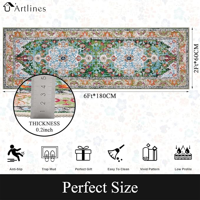 U'Artlines 2' x 6' Boho Hallway Runner Rug Non Slip Washable Runners,Green | Vintage Farmhouse Kitchen Rug Accent Area Carpet for Entryway Laundry and Living Room