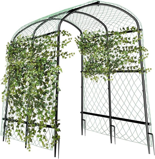 unho 63inch Metal Garden Trellis Arch for Climbing Plants - Polyethylene-Coated Anti-Rust, Heavy Duty, Wide Walk-Through Outdoor Arch with Net, for Cucumber Tomato Squash Zucchini Peas Grape Flowers