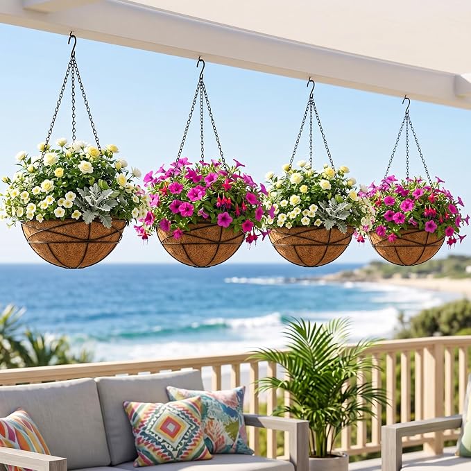 4 Pack 12 Inch Hanging Planters for Outdoor Plants Metal Watering Flower Baskets with Coco Liner for Outside Panting Plant Holder Pot for Home Garden Porch Balcony Railings Decor