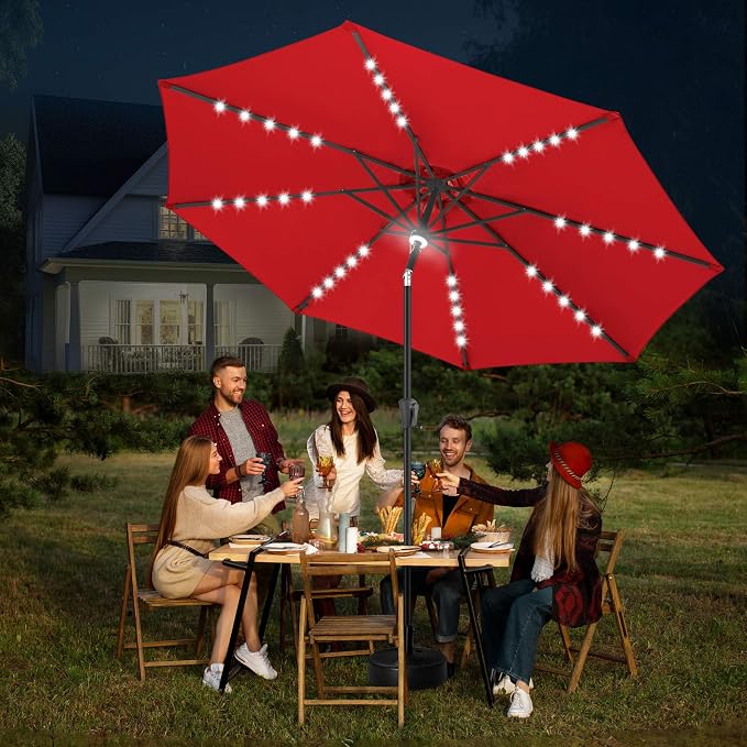 FLAME&SHADE 10 FT Solar Light Patio Umbrella, 40 LED Lights Outdoor Umbrella with Centre Surround Light, Table Market Umbrella for Deck, Pool, Porch, Backyard, Garden, UV Protection, Red