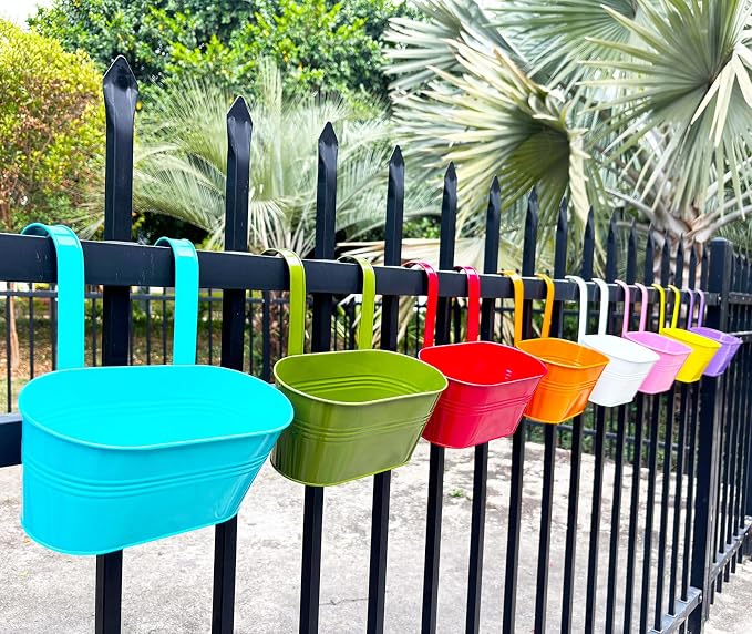8 Pack Hanging Planters 10", Colorful Metal Bacony Railing Planter for Outdoor Decor, Countryside Fence Pot Flower Bucket for Rails Patio Garden, Plant Pot for Herb (9.8", Pack of 8)