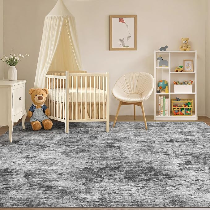 Tortania Washable 9x12 Area Rug for Living Room: Modern Abstract Neutral Large Soft Thin Rugs - Non Slip Indoor Carpet for Bedroom Dining Room Office Nursery Home Floor Decoration - Charcoal Grey