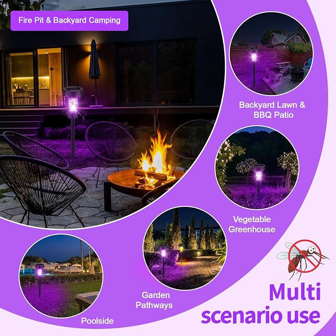Qualirey 4 Pack Solar Bug Zapper Outdoor Waterproof Mosquito Repellent Killer Bug Zapper Lamp with LED Light for Outdoor Garden Patio Yard (Purple and Warm Light,Black)