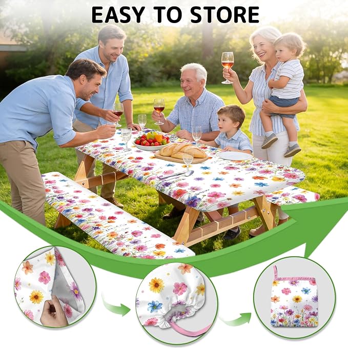 Flowers Picnic Table Cover with Bench Covers Elastic Edges, 3 Pcs Flowers Fitted Table Cover with Drawstring Bag, Waterproof Windproof Aesthetic Camping Tablecloth, Outdoor Camping Essentials 72 Inch