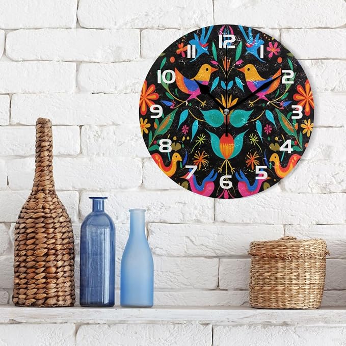 Mexican Flower Pattern Wall Clock, Silent Non Ticking 10 Inch Battery Operated Wall Clocks, Easy to Read Clock for Home Kitchen Living Room Bathroom Office Decor