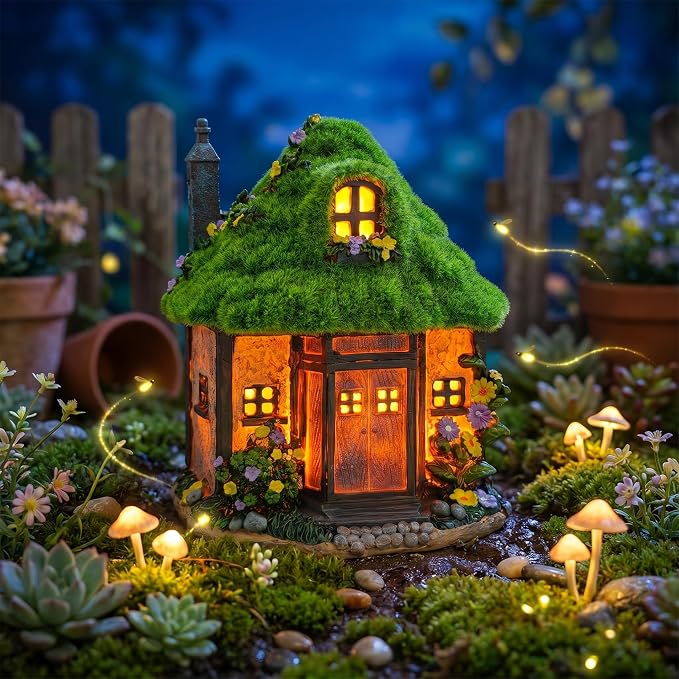 COWOS Solar Powered Fairy Tree House Sculpture with Flocked Roof & Chimney - Whimsical Outdoor Garden Decor with LED Lights
