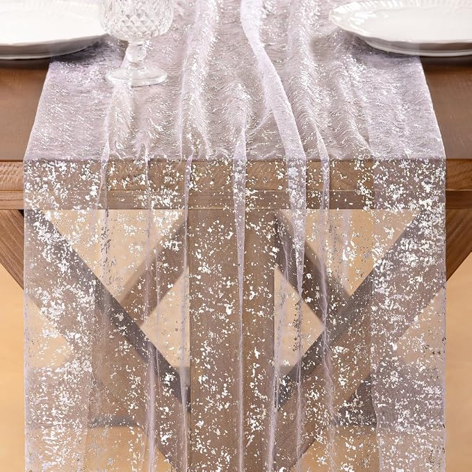 Socomi Silver Table Runner Gauze Tulle Sheer Glitter Metallic Foil Chiffon Cheesecloth Sequin 10FT Wedding Birthday Party Dining Anniversary Holiday Centerpiece Table Decor 3pcs