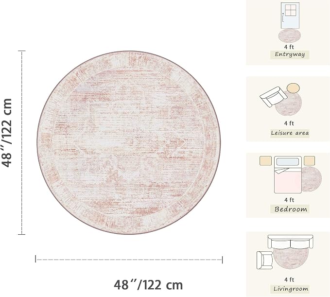 Latte&Fog 4ft Pink Round Area Rug for Girl Bedroom Washable Cute Circle Rug | Non Slip Low Pile Soft Floral Small Carpet for Kids Playroom Nursery Classroom Dorm Decor Dining Kitchen Farmhouse Office