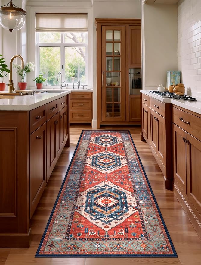SERISSA 3x8 Washable Non Slip Boho Runner Rug for Hallway，Rust | Ultra Soft Vintage Oriental Carpet Low-Pile Long Tribal Floor Carpet for Stair Kitchen Bedroom Bathroom Laundry Room