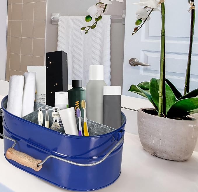Alpha Living Home 4 -Section Galvanized Utensil Silverware Caddy - Farmhouse Organizer with 4 Compartments and Wooden Handle - Versatile Storage for Kitchen, Outdoor & Party Essentials (Blue)