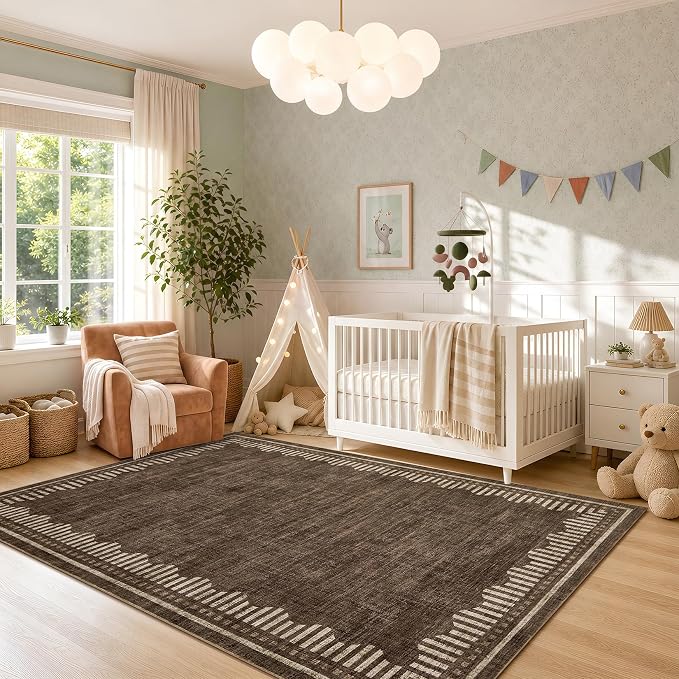 Garvee 4x6 Scalloped Area Rugs Living Room Bedroom Washable Neutral Rug | Modern Gometric Brown Solid Color Nursery Rugs Low Pile Stain Resistant Non Slip Kitchen Entry Home Office Throw Carpet