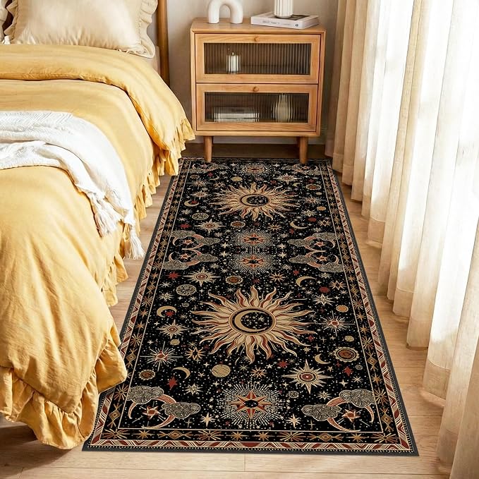 Vacuum-Friendly, 2x6 Washable Area Rug, Black Gold Beige Red | Sun and Moon Boho Gothic Non-Slip Low Pile Living Roon Bedroom Dining Room Kitchen Entry Entryway Entrance Hallway Doormat