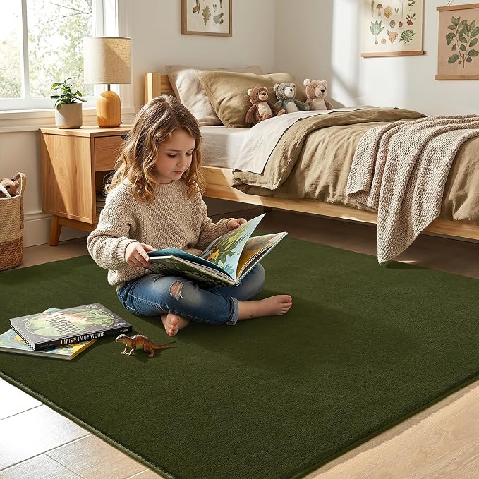 Amearea 4x4 Square Area Rug for Bedroom Living Room, Olive Green Fluffy Rug | Thickened Memory Foam Rug, Indoor Washable Rug Non Slip Minimalist Carpet for Entryway Boys Girls Dorm Nursery Room Decor
