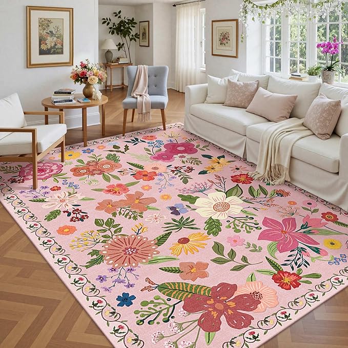 Latte&Fog Floral Area Rugs 6x9, Large Washable Pink Rugs for Living Room | for Dining Kitchen Kids Nursery Playroom Guest Room Classroom Dorm Farmhouse Office, Non Slip Low Pile Soft Floral Carpets