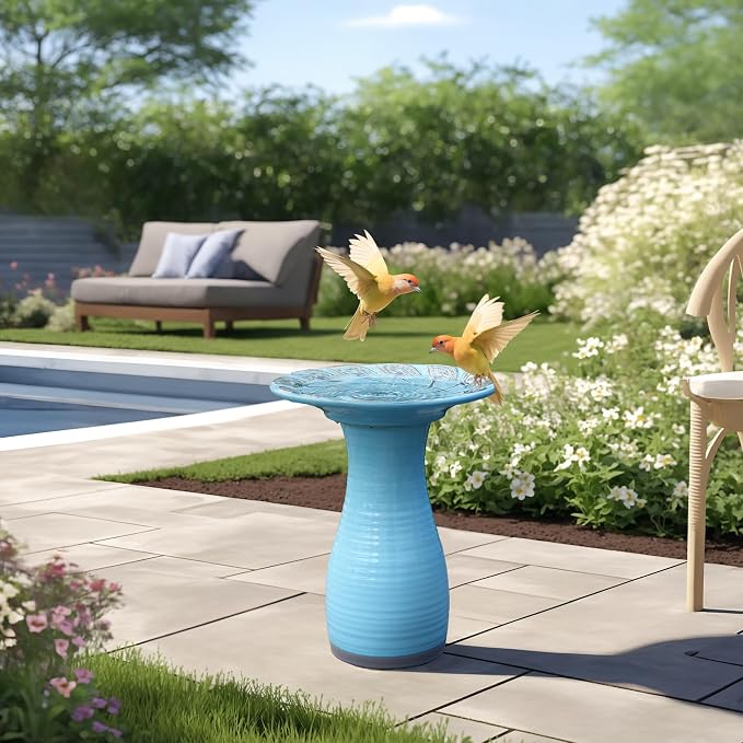 LuxenHome 20.6 Inch Ceramic Bird Bath for Outside, Elegant Tall Outdoor Bird Bath, Lightweight Pedestal Glazed Birdbaths for Outdoors with Leaf Pattern, Sky Blue