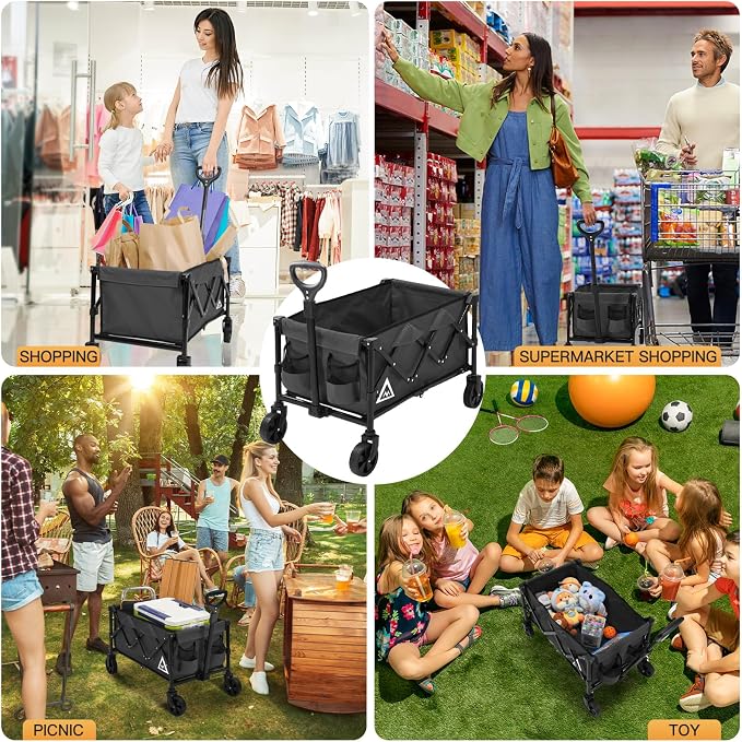 Wagon Cart Shopping Cart Large Capacity Collapsible Wagon with Wheels On Beach Garden Outdoor Utility Carts for Grocery All Terrain Portable Wagons Carts for Groceries Sand Camping Sports Black