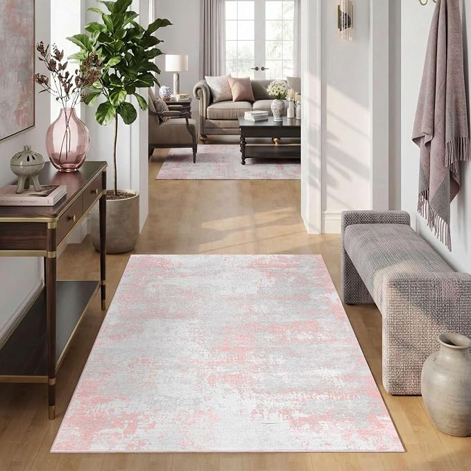 Latte&Fog Pink 4x6 Area Rug for Entryway, Modern Abstract Cute Small Rugs | for Girls Bedroom Dining Kitchen Kids Playroom Nursery Classroom Dorm Farmhouse Office, Non Slip Low Pile Soft Floral Carpet