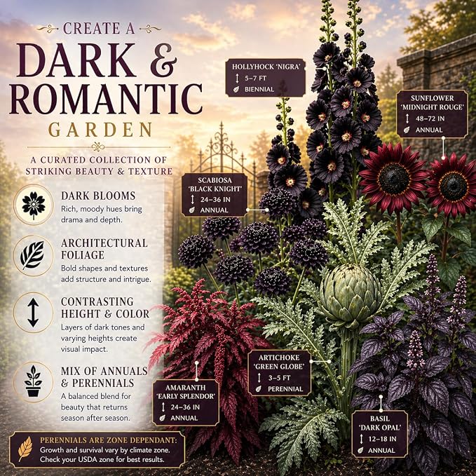 Ravens Hollow Garden Gothic Garden Seed Collection, 6 Open-Pollinated Flower & Foliage Varieties