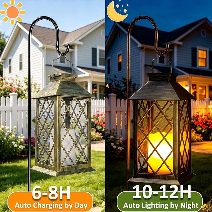 14" Large Solar Lanterns Outdoor Waterproof, Tempered Glass, Hanging Solar Lights with Flickering Flameless Candles, Retro Solar Lantern for Wall Porch Patio Table Garden Decorations, Bronze