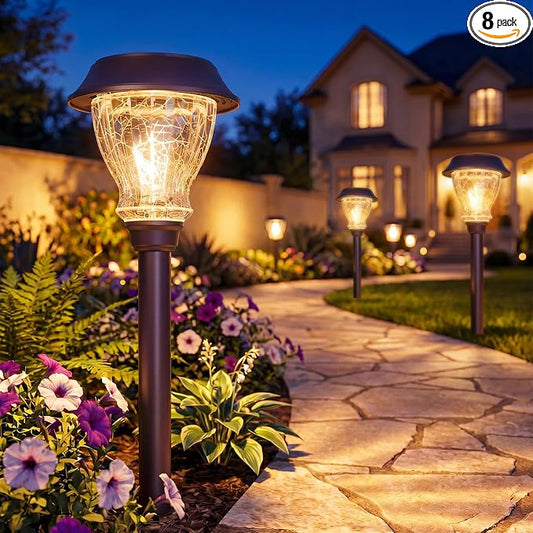 XMCOSY+ Solar Pathway Lights Outdoor, 8 Pack Decorative Crackled Glass Garden Lights, Soft Warm White Glow, Auto On/Off Waterproof Landscape Lighting for Yard Walkway Patio