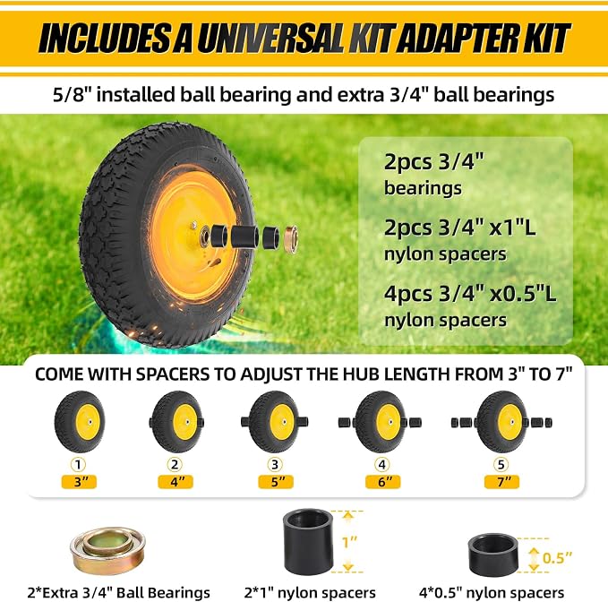 MZREXN 4.80/4.00-8" Tire and Wheel, 16" Pneumatic Wheelbarrow Tire | 5/8"&3/4" Bearing,3"-7"Centered Hub,Fit Hand Truck/Garden Carts/Yard Wagon/Utility Carts/Dolly/Trolley,Yellow 2pcs