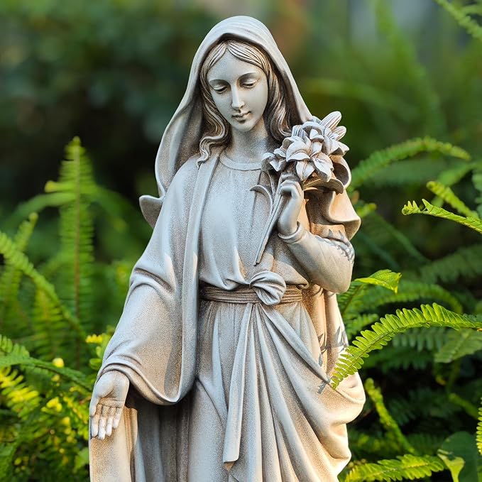 Grace4Joy Virgin Mary Statue Outdoor, 24 Inches Blessed Mother Mary Garden Statue, Rustic Saint Mary Holding Lilies Outdoor Sculpture for Home Yard Patio Lawn Hallway Decor