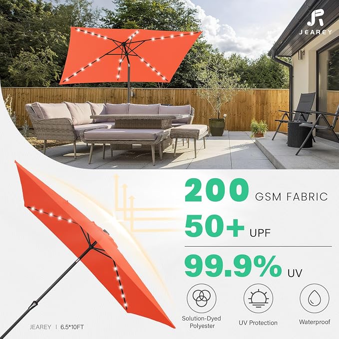 JEAREY 6.5x10 ft Rectangular LED Lighted Patio Umbrellas Outdoor Solar Table Market Umbrella w/Push Button Tilt/Crank, 6 Sturdy Ribs, UV Protection Waterproof Sunproof(Orange)
