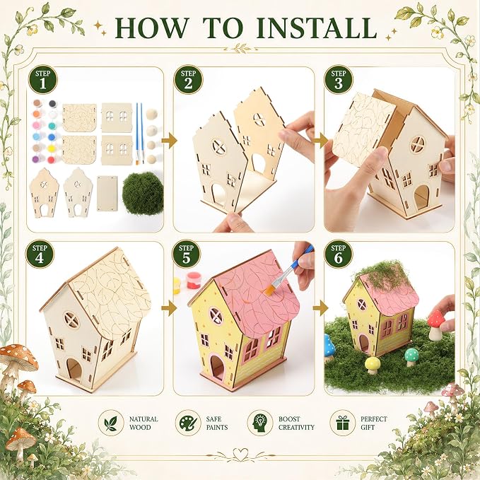 DoubleFill 12 Sets Wooden Fairy House Craft Kit for Kids - Classroom DIY Fairy Garden with Paints & Decorations - School Arts Crafts & Birthday Gift for Activity Party Decor (3 Mixed Lovely Styles)