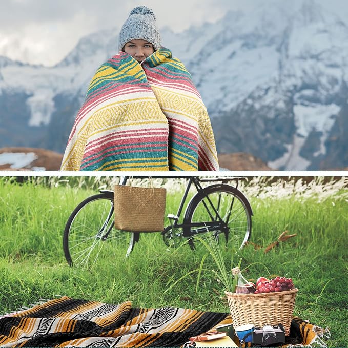 Preboun 4 Pcs Large Mexican Yoga Blanket Pack 45 x 70 Inch Thick Woven Camping Picnic Beach Car Travel Throw Blanket Outdoor Patio Mat Towel