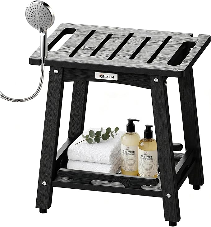 Shower Bench Seat, Non-Slip Shower Benches for Inside Shower to Sit on, HDPE Waterproof Shower Stool for Shaving Legs, Shower Chair with Adjustable Feet for Bathroom, Indoor/Outdoor Use, Black