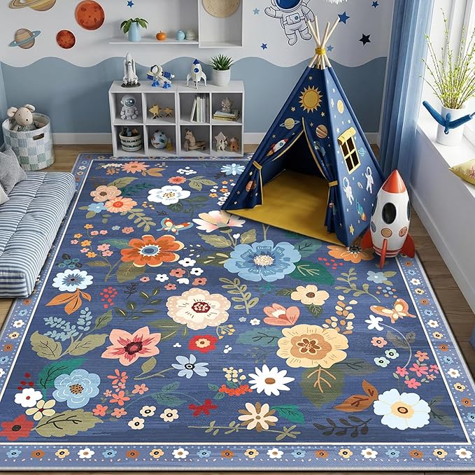 RELEANY Floral Washable 6x9 Area Rugs Blue/Grey | Flower Carpet, Print, Boho, Non-Slip, Easy to Clean, Soft, Low Pile for Living Room Bedroom Kitchen Office Entryway Hallway