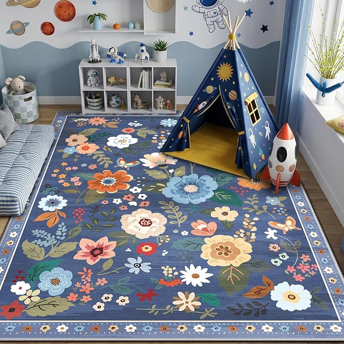 RELEANY Floral Washable 9x12 Area Rugs Blue/Grey | Flower Carpet, Print, Boho, Non-Slip, Easy to Clean, Soft, Low Pile for Living Room Bedroom Kitchen Office Entryway Hallway