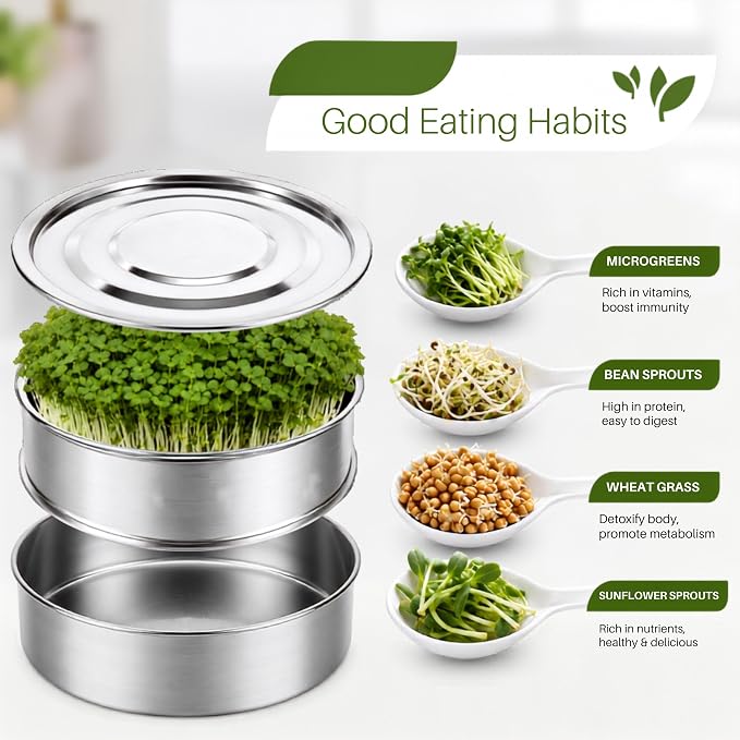 Stainless Steel Sprouting Tray 7,9'' - Round 2-Tier Seed Gardening Planter for Microgreens Broccoli Sprouts Growing Kit Microgreens Tray Germination